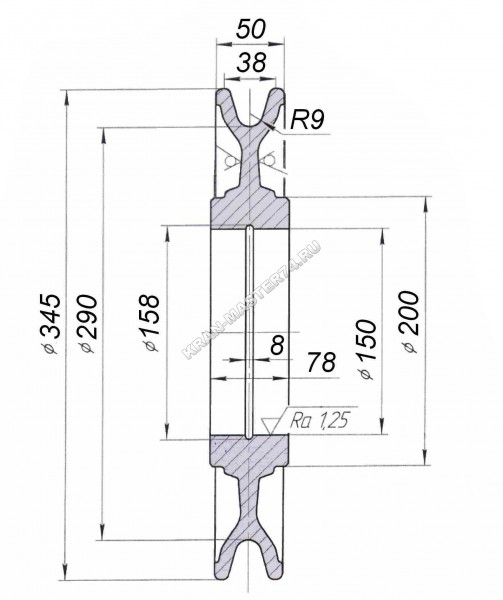 Чертеж блока обводного Ф 290х150 мм (Материал-сталь или чугун)