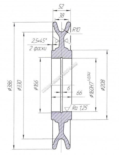 Чертеж блока обводного Ф 330х160 мм (Материал-сталь или чугун)